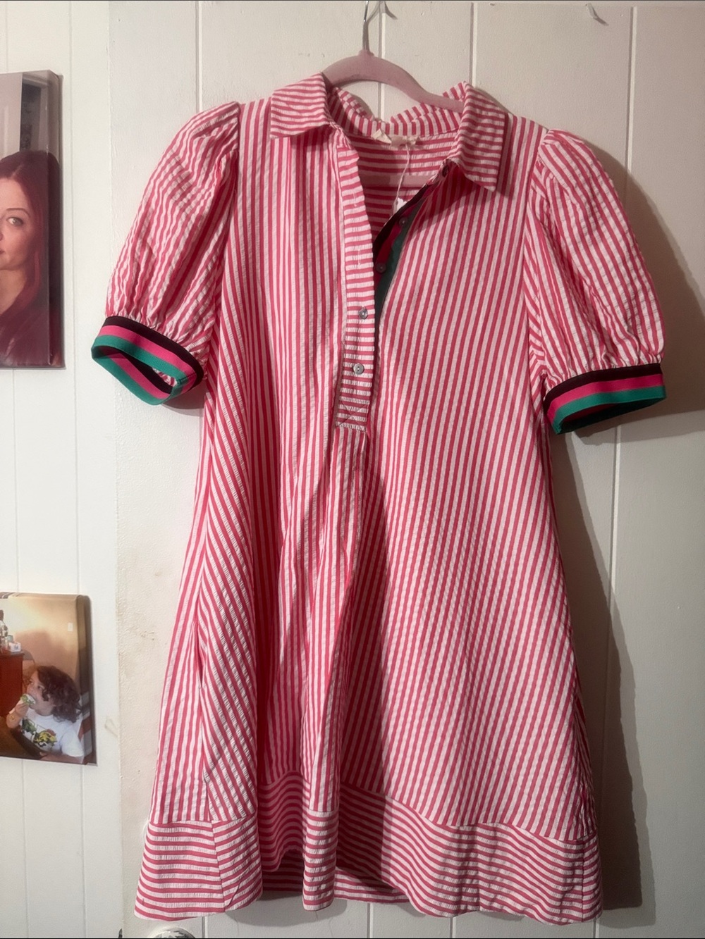 entro Red and White Striped Short Puff Sleeve Dress with Green-Black Trim
